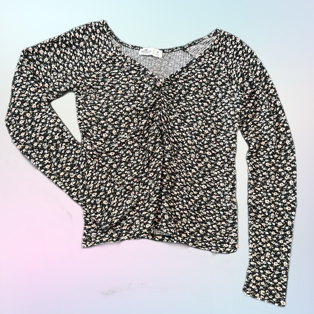 Hollister Black and White Floral Long Sleeve Top
